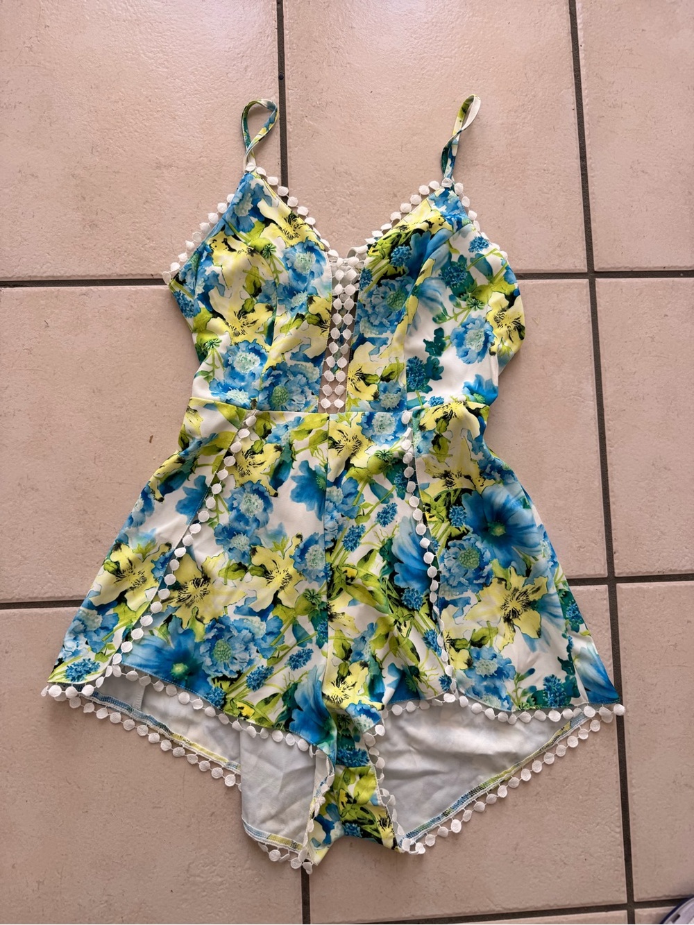 Floral Pom-Pom Trim Womens' Romper in Blue and Yellow